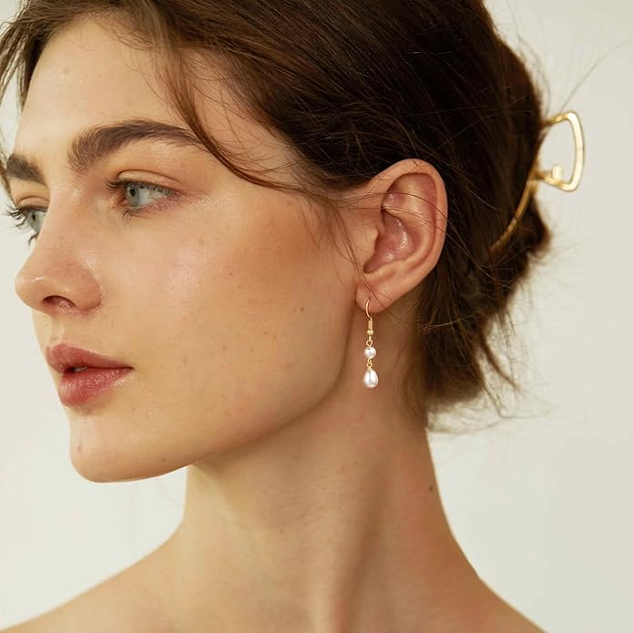 14K Gold Plated Pearl Dangle Earrings for Women, Small Pearl Drop Huggie Hoop Earrings, Hypoallergenic Dainty Gold Wedding Earrings Jewelry Gifts for Women Trendy