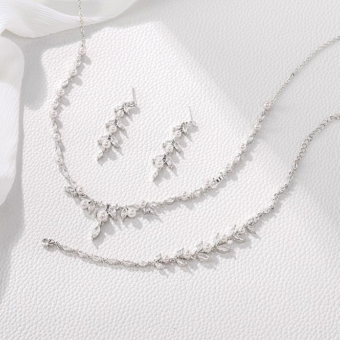 EleQueen Women's Simulated Pearl Wedding Jewelry Set, Cubic Zirconia Marquise Floral Bridal Necklace Earrings Bracelet Sets