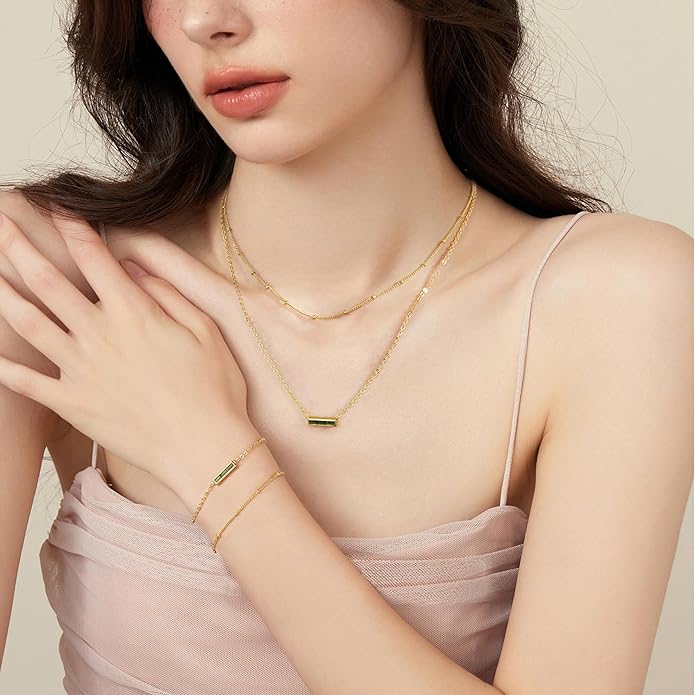 Turandoss Birthstone Necklace for Women, Dainty 14K-Gold-Plated 12 Months Birthstone Layered Necklaces, Trendy Birthday Jewelry Gifts for Women Teen Girls