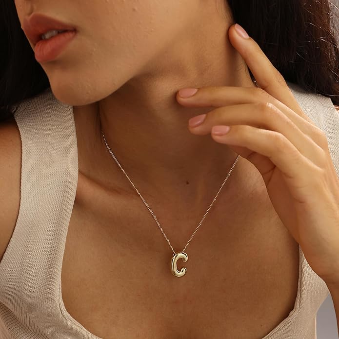 Initial Necklaces for Women, 14k Gold Plated Bubble Letter Necklace Chunky Gold Necklace Dainty Charm Initial Necklaces for Women Trendy Custom Preppy Stocking Stuff Necklace Christmas Gifts