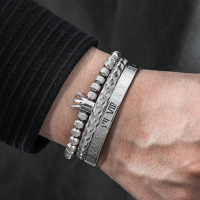 WFYOU 3PCS Stainless Steel Bracelets for Men Gold Roman Numeral Bangle Bracelet Twisted Cable Bracelet Adjustable Cuff Bracelet Mens Luxury Jewelry Bracelets Gifts