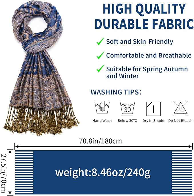 QIUTIMIY Paisley Pashmina Shawl Wrap Women Reversible Vintage Jacquard Pashmina Rave Scarf with Fringe for Evening, Wedding