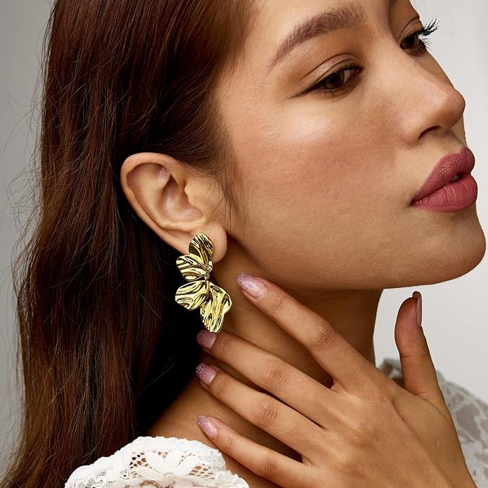 Hefanny Large Hammered Teardrop Dangle Earrings Geometric Chunky Flower Earrings Women's Trendy Statement Jewelry Multiple Styles