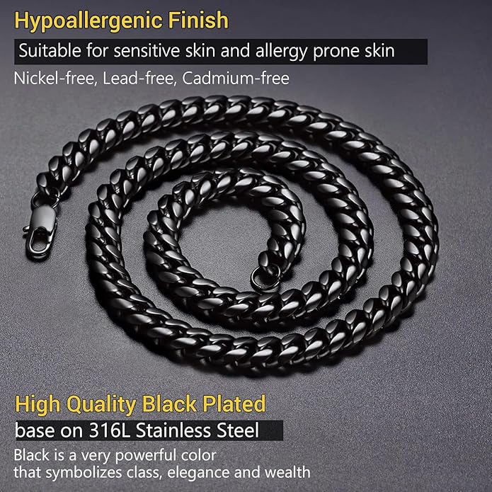 PROSTEEL 316L Stainless Steel Figaro Cuban Chain Necklace for Men, Black/18K Real Gold Plated, 4/5/6/7.5/9/10/13mm, 14inch-30inch, Come with Box
