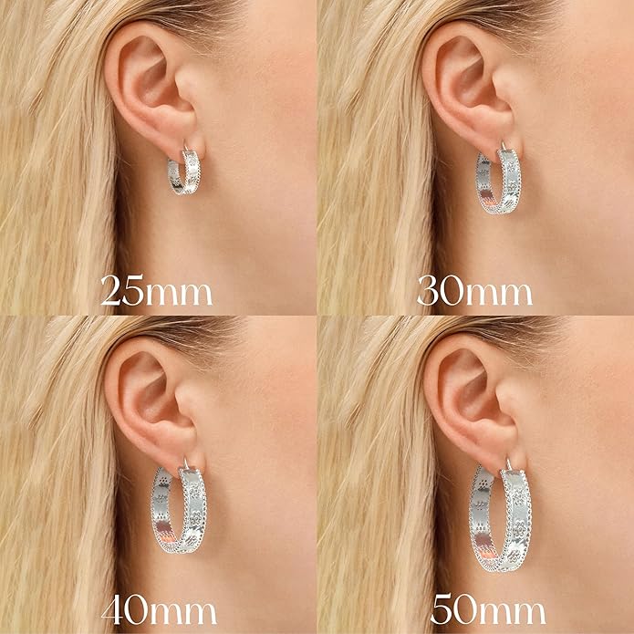 Senteria 8mm Wide 925 Sterling Silver Hoop Earrings for Women Hypoallergenic Chunky Silver Hoop Earrings with Flower Large Thick Hoops Earring Lightweight 14K Gold Plated Hoops for Women 25/30/40/50mm