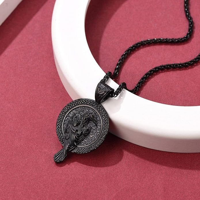 FaithHeart Viking Raven Necklace for Men, Norse Mythology Raven Skull Pendant Sturdy Stainless Steel Amulet Jewelry Gift for Men