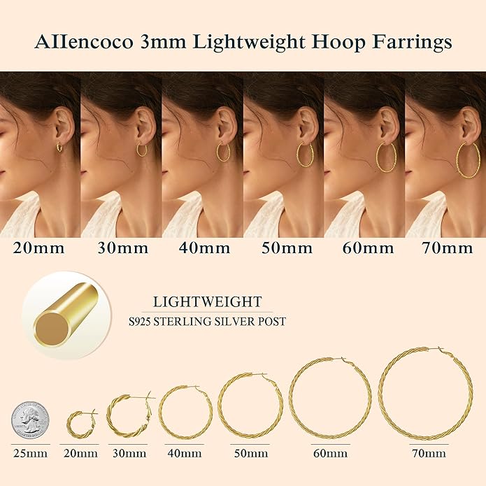 AllenCOCO Gold Hoop Earrings for Women, 18K Gold Plated Twisted Rope Design, Textured Thin Round Hoops with Sterling Silver Post Hypoallergenic 20-70mm