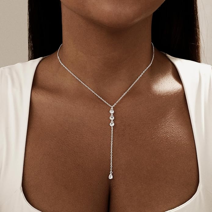 Long Gold Necklace for Women Trendy, Dainty Layered Lariat Necklace 14k Gold Plated Silver Y Shaped Beaded Chain Non Tarnish Drop Necklaces Simple Adjustable Jewelry Gift