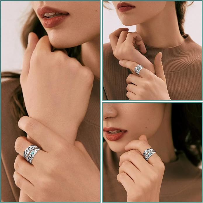 Sterling Silver Feather Ring with Black Onyx & Turquoise - Adjustable Stacking Vintage Statement Ring for Women & Men