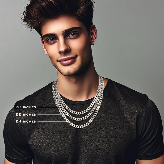 waitrose 7mm Silver Chain for Men Miami Cuban Link Mens Chain,925 Sterling Silver/14K Gold Plated and 316L Stainless Steel Silver/Gold Chains for Men Necklace