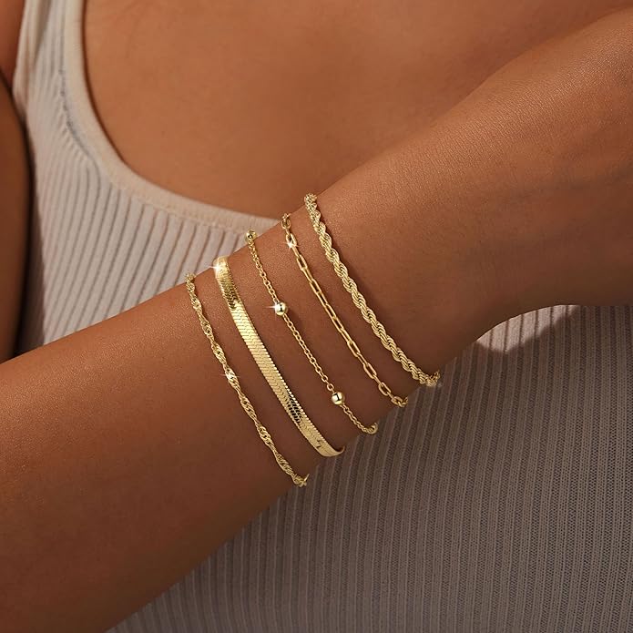 Gold Bracelets for Women Trendy,14K Gold Plated Dainty Stackable Paperclip Cuban Link Chain Bracelets, Simple Cute Cuff Bracelets Jewelry Set Adjustable 7"+2"