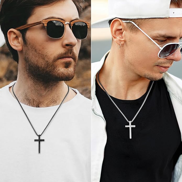 Romass 2 Pcs Cross Necklace for Men Boys,Stainless Steel Pendant Silver Black Gold Crosses Chain Jewelry Gifts Box 16-30 inches