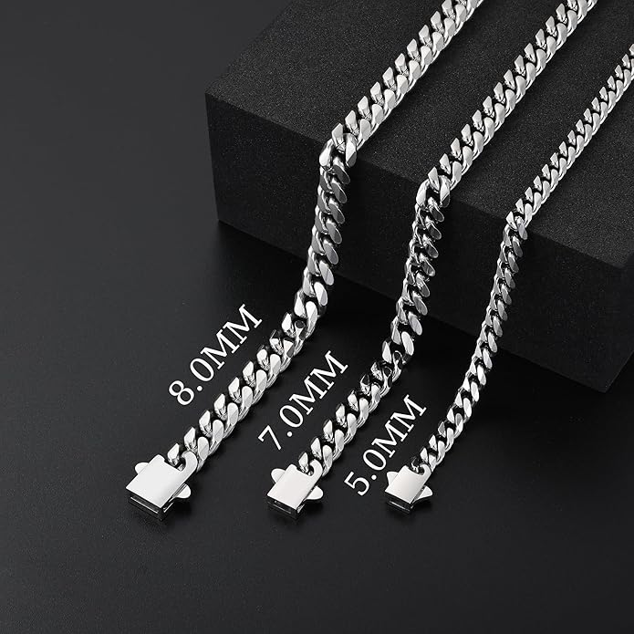 Fiusem Mens Silver Colored Bracelets for Men, Stainless Steel Cuban link Bracelet, 5mm/7mm/8mm Width, 7.1"/7.5"/7.9" Length Jewelry