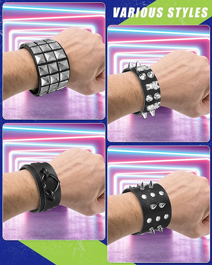 Hicarer 9 Pieces Spiked Studded Bracelet Black Leather Rivet Punk Bracelet Cuff Wrap Bangle Snap Button Metal Wristband for Men Women
