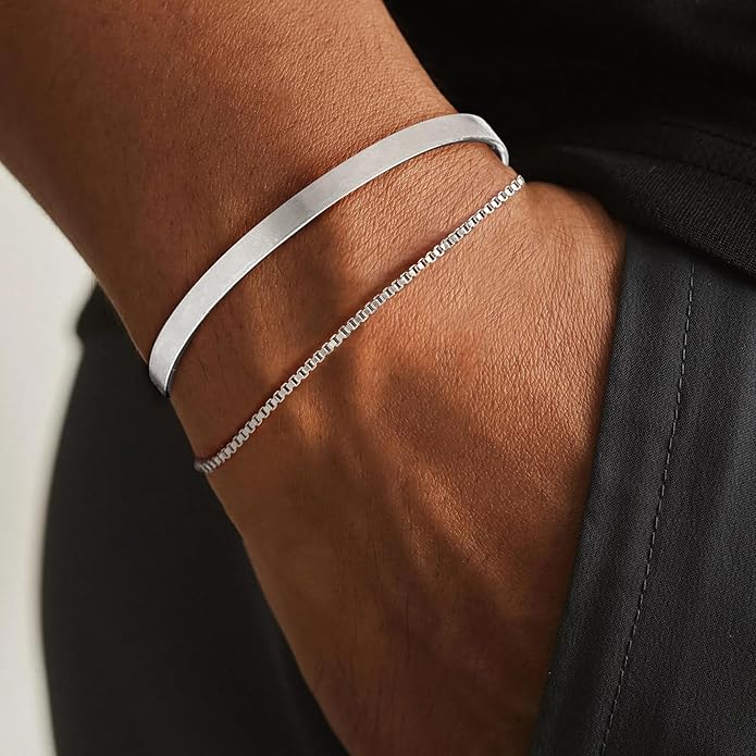 Moodear Stackable Bracelets for Men - Dainty 925 Sterling Silver/14K Gold Plated Cuff Snake Box Cuban Link Chain Bangle Bracelet Set Mens Jewelry