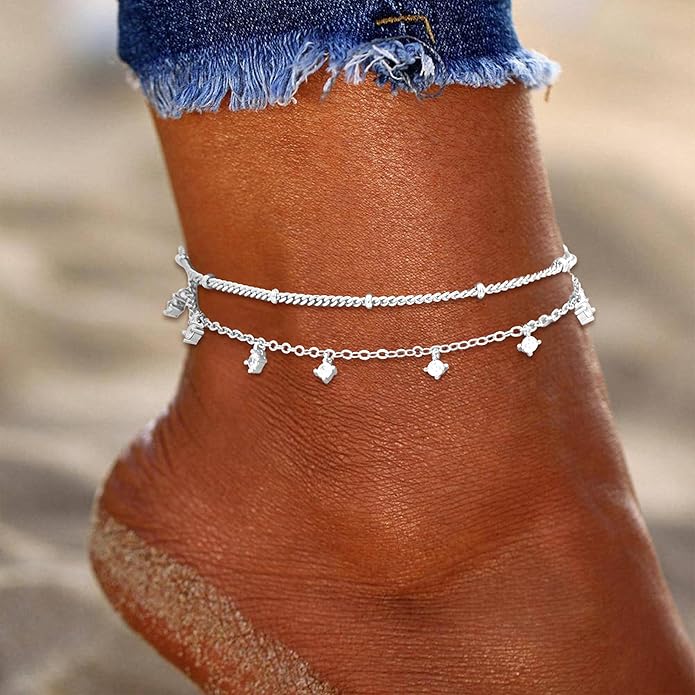 Sterling Silver Anklet Bracelets for Women Waterproof, 925 Sliver Plated CZ & Heart Charm Dainty Layer Anklets for Women Trendy, Simple Chain Anklets Set Gifts for Women, Jewelry Gifts for Her Women Mom Wife Girlfriend