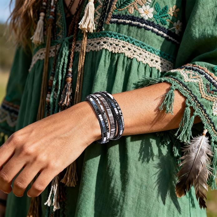 ENGCKSHI Wrapped Bracelets for Women,Leather Bracelet,Boho Bracelets for Women,Multi-Layer Pearl Crystal Bracelet Bangle Jewelry