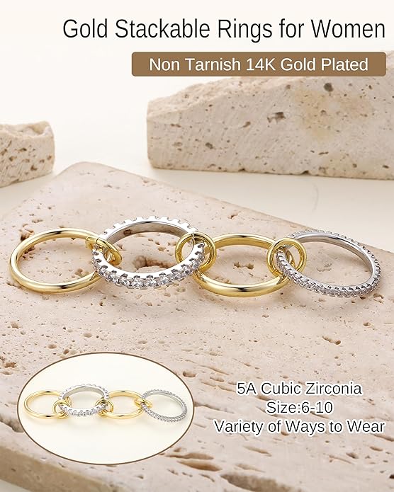 Gold Stackable Rings for Women, Non Tarnish 14K Gold Plated Cubic Zirconia Mixed Metals Stacking Connected Rings Set Jewelry Gifts
