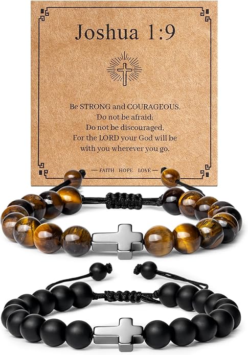 Romass 2Pcs Cross Bracelet for Men,Tiger Eye Beaded Bracelets 8MM Natural Stone Adjustable Jewelry Christian Easter Christmas Gifts Box