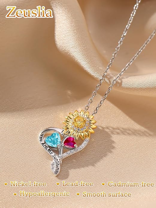 Zeuslia Double Birthstone Necklace Gifts for Wife - 925 Sterling Silver Sunflower/Rose/Crown Cross/Compass/Heart Pendant I Love You Necklace, Anniversary Birthday Gifts for Wife Girlfriend Mom Her