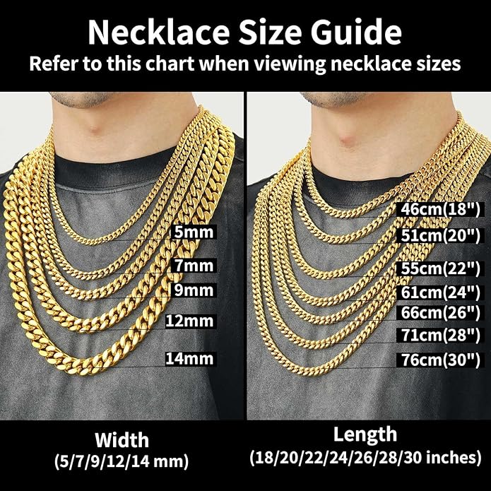 ChainsHouse Stainless Steel Mens Cuban Link Chain, Black/ 18K Gold Plated Miami Cuban Chain Necklace, 5mm/7mm/9mm/12mm/14mm Width, No Tarnish& Durable Hip Hop Mens Jewelry, 18"-30", Send Gift Box
