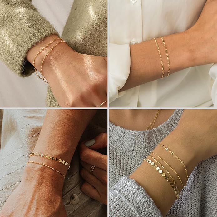 DEARMAY 14K Gold Plated Bracelets for Women, Jewelry Sets Cute Tennis Beaded Bracelets Cuban Link Paperclip Chain Dainty Bracelet Pack Gifts