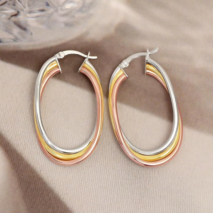 LeCalla 925 Sterling Silver Chunky Hoop Earrings | 14K Two-Tone Three-Tone Hoop Earrings | Intertwining Oval Shape Polished Twisted Hoop Earrings for Women