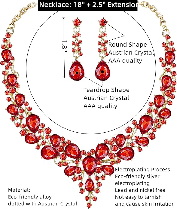 Paxuan Crystal Bridal Wedding Jewelry Sets for Women Rhinestone Teardrop Crystal Statement Choker Necklace Drop Earrings Link Bracelets Rings Teardrop Jewelry Set for Brides Bridesmaids