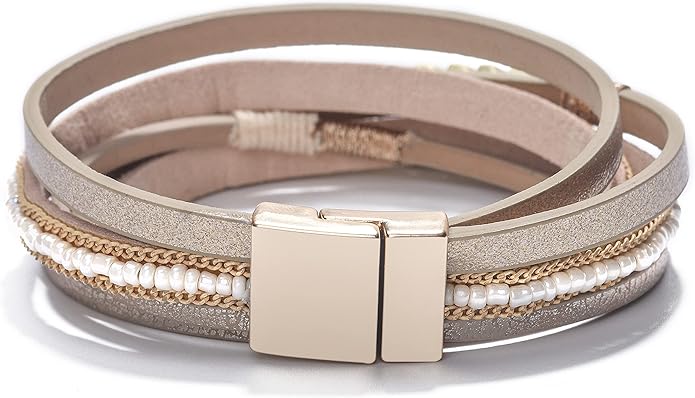 Fesciory Leather Wrap Bracelets for Women, Boho Leopard Multi-Layer Crystal Beads Cuff Bracelet Jewelry