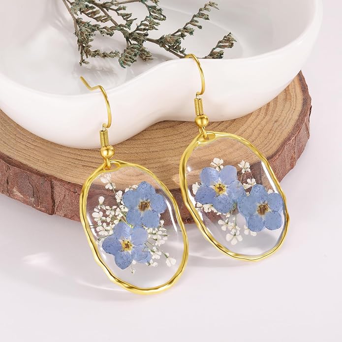 Forget-Me-Not and Queen Anne's Lace Pressed Wildflower Earrings | Pressed Flower Earrings | Handmade Drop and Dangle Earrings | Gift for Woman