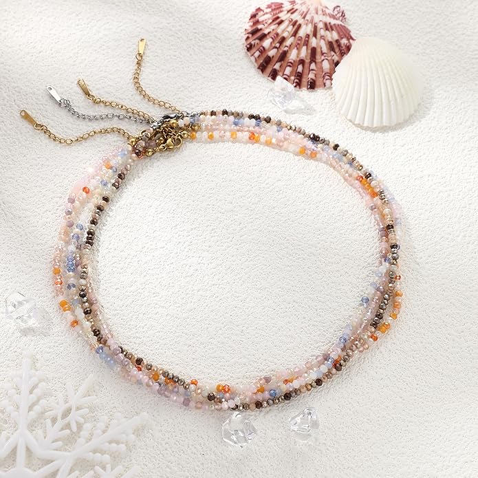 JSJOY Tiny Crystal Beaded Choker Necklaces for Women Colorful Beaded Necklace Dainty Choker Necklaces Simple Boho Jewelry Gifts for Teens Handmade Bead Necklaces Gifts