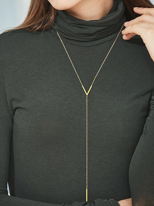 FOCALOOK Long Necklaces for Women 14K Gold Plated Dainty Drop Bar Pendant Lariat Y-Shaped Necklace Earring Set 28inch/73cm