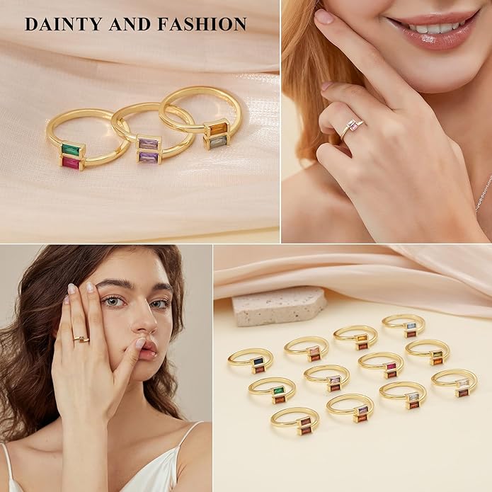 JSJOY Birthstone Rings for Women Dainty Emerald Blue Ring Birthday Gifts for Mom Her Gemstones CZ Ring for Teens Gold Rings That Don't Tarnish Adjustable Ring Jewelry Gifts