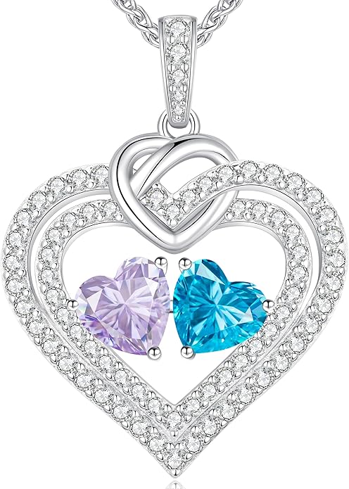 LOUISA SECRET Sparkling Double Heart Birthstone Necklaces for Women, 925 Sterling Silver Fine Jewelry, Pendant Heart Necklaces Birthday Anniversary Christmas Gift for Women Wife Mom Girlfriend Lady
