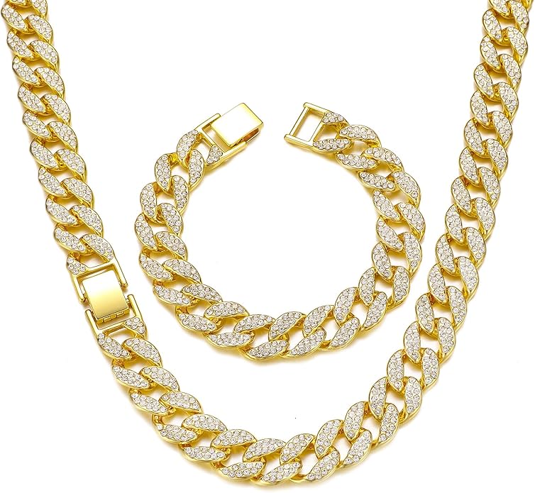 Saintda Cuban Link Chain and Bracelet Set for Men Women Iced Out Diamond Gift for Boys Hip Hop Rapper Jewelry