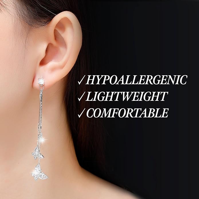 Kruckel Butterfly Dangle Earrings with Crystals (925 Sterling Silver) Includes Present Box – Hypoallergenic, Lightweight, Safe for Sensitive Skin