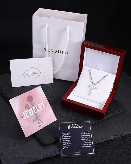 TEN MIRO S925 Sterling Silver Cross Necklace for Men Solid Sterling Silver Cross Pendant Necklace Boys Mens Cross Necklace Jewelry Gifts with Box & Card Birthday Anniversary Christmas Father's Day