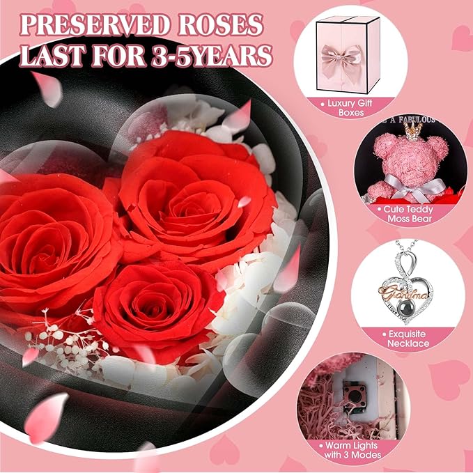 ADDWel Great Gifts for Grandma, Preserved Real Roses with I Love You 100 Languags Grandma Silver Necklace, Cute Bear and Eternal Roses for Grandmother Nana Birthday Christmas Valentines Day