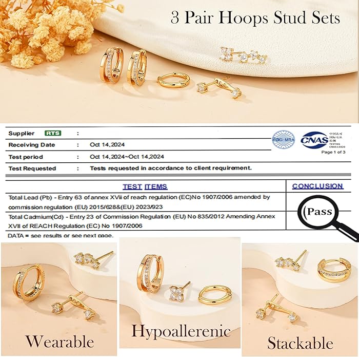 DORANA Valentines Day Gift 3 Pairs 925 Sterling Silver Earrings for Women Girls Non Tarnish Small Hypoallergenic Huggie Hoops Cartilage Stack Earring Sets for Multiple Piercing