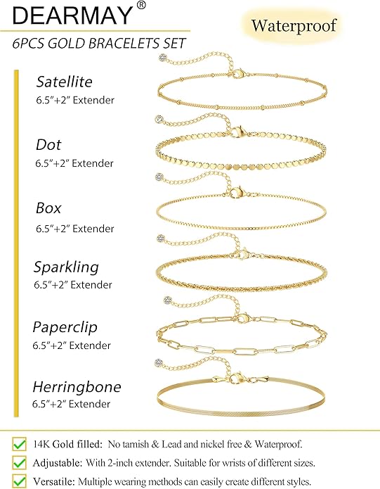 DEARMAY Waterproof Gold Plated Bracelets Set for Women Trendy, Dainty 14K Gold Jewelry Fashion Stackable Tennis Beaded Figaro Herringbone Paperclip Link Bracelet Pack Stack Gifts for Women