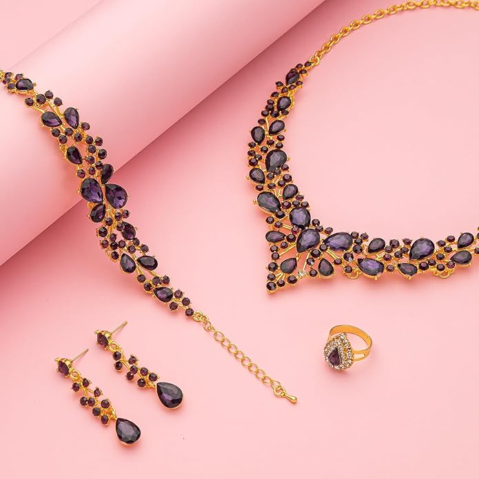 Paxuan Crystal Bridal Wedding Jewelry Sets for Women Rhinestone Teardrop Crystal Statement Choker Necklace Drop Earrings Link Bracelets Rings Teardrop Jewelry Set for Brides Bridesmaids