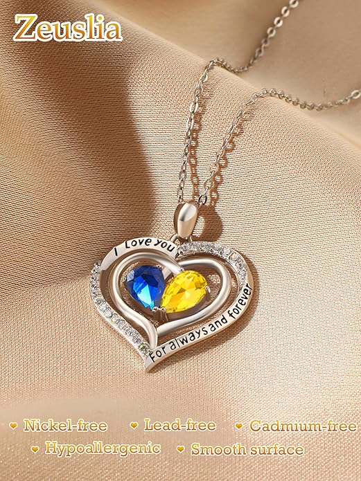 Zeuslia Double Birthstone Necklace Gifts for Wife - 925 Sterling Silver Sunflower/Rose/Crown Cross/Compass/Heart Pendant I Love You Necklace, Anniversary Birthday Gifts for Wife Girlfriend Mom Her