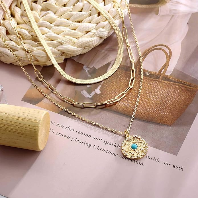 Turandoss Dainty Layered Choker Necklace, Handmade Y Pendant Necklace Multilayer Bar Disc Necklace Adjustable Layering Choker Necklaces for Women