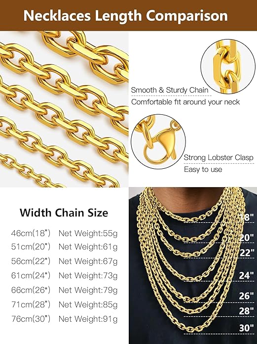 Hoyazvet Cable Chain Stainless Steel Necklace for Men Women, 3/5/8/10/13MM Width, 18K Gold Plated/Black Metal/316L Stainless Steel Sturdy Rolo Link Chain Necklace, 18-30inch Length