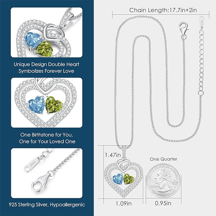 LOUISA SECRET Sparkling Double Heart Birthstone Necklaces for Women, 925 Sterling Silver Fine Jewelry, Pendant Heart Necklaces Birthday Anniversary Christmas Gift for Women Wife Mom Girlfriend Lady
