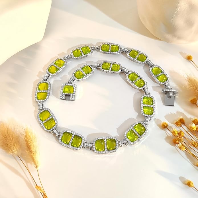 Chunky Necklace for Women 12 Colors Diamond Stone Gold Statement Necklace for Women Full Trendy Blue Birthstone Choker Necklace for Women Square Design Necklace Jewelry