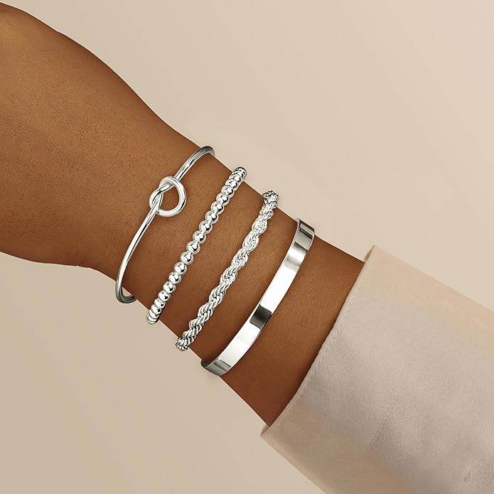 Silver Bracelets for Women Stack, Silver or Gold Plated Cuff Bangle Set, Trendy Silver Jewelry for Women Fashion