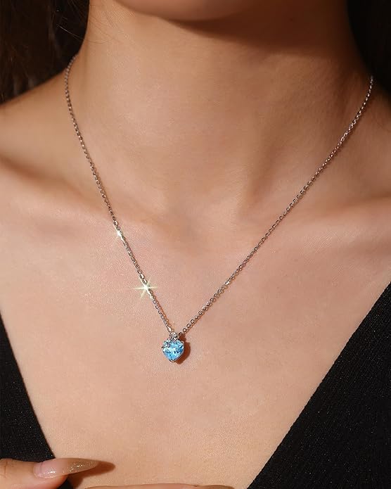 FANCIME 14K Solid White Gold Rose Pendant with Sterling Silver Chain Heart Birthstone Gemstone Fine Jewelry Christmas Gifts for Women Her