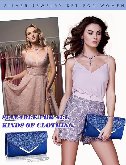 Henoyso 5 Pcs Purse Rhinestone Jewelry Set Prom Jewelry Rhinestone Clutch Purse Necklace Earrings Bracelets for Women Bride