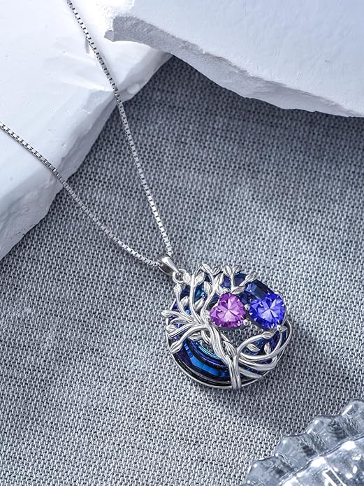 TOUPOP s925 Sterling Silver Family Celtic Tree of Life Pendant Necklaces with 2 Heart Birthstone with Blue Austrian Crystal Jewelry Birthday Anniversary Christmas Gifts for Her Wife Girlfriend Mom (18K Real White Gold Filled)